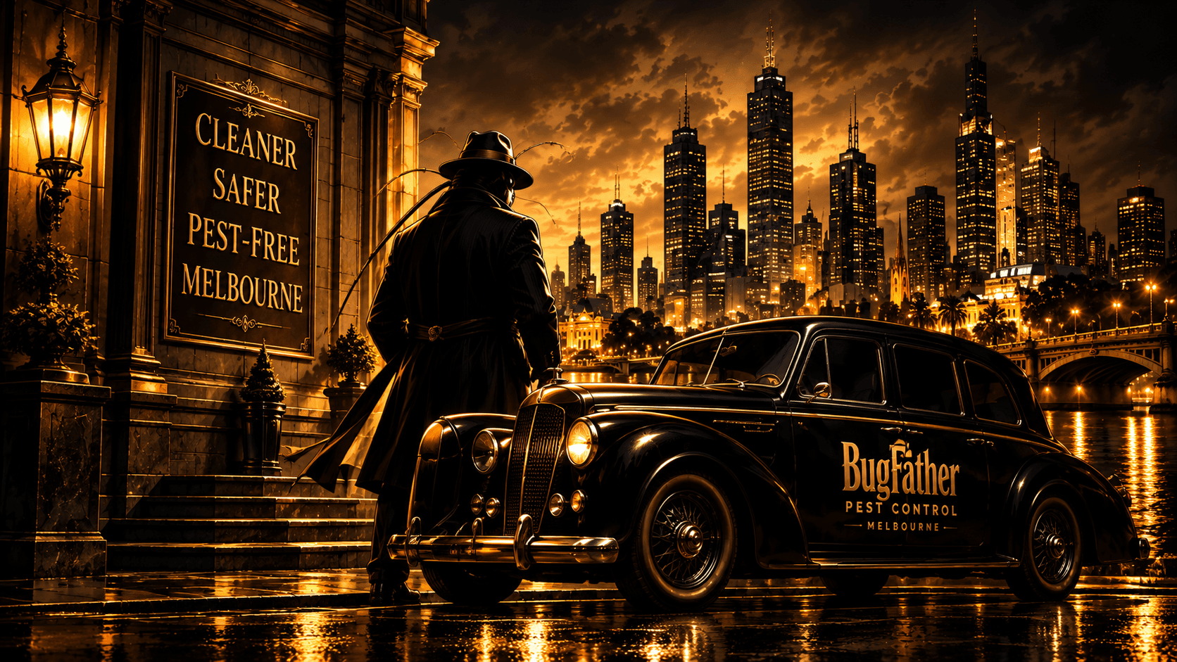 BugFather beside a classic car overlooking Melbourne