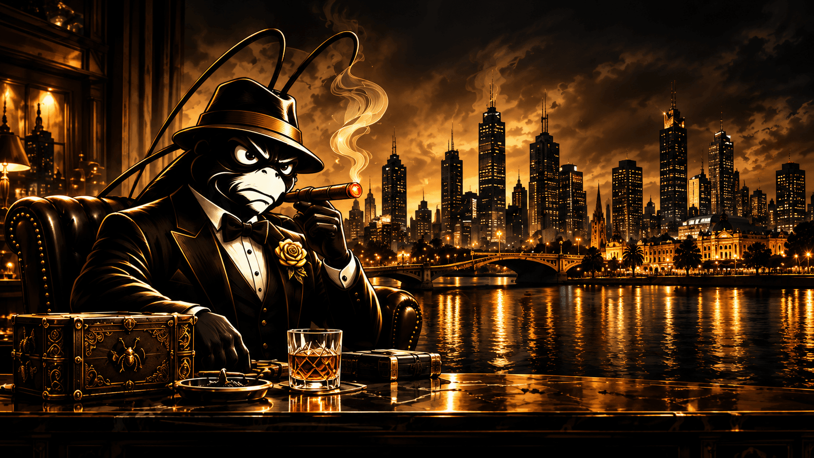 BugFather character with the Melbourne skyline