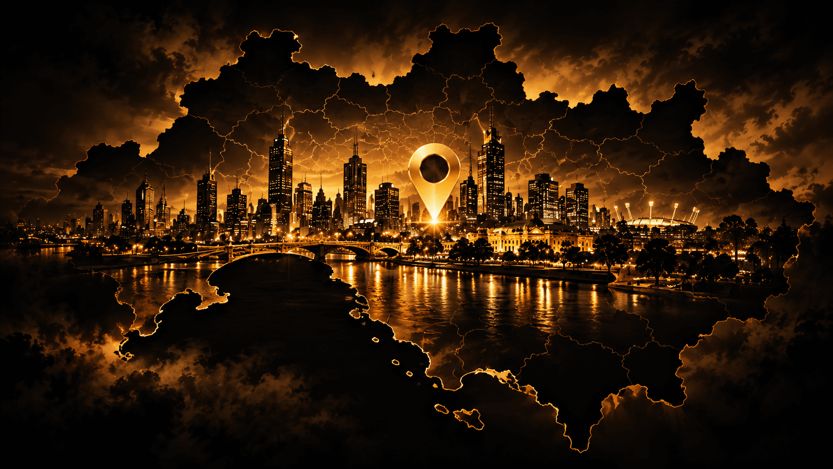 Stylised map of Melbourne and city skyline