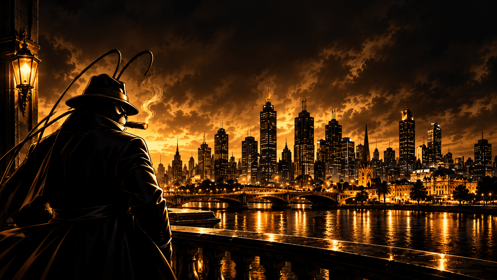 BugFather overlooking the Melbourne skyline